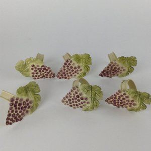 Set of Six Metal Grape Cluster Napkin Rings Purple Grapes Green Leaves